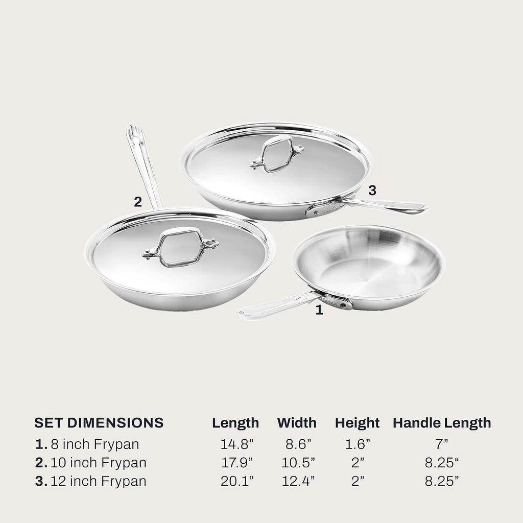 All-Clad D3® Stainless Steel 5 Piece Frypan Set- Made in USA- Includes 8', 10' and 12' Frying Pans With Lid - Professional Grade -Oven Safe & Induction Compatible
