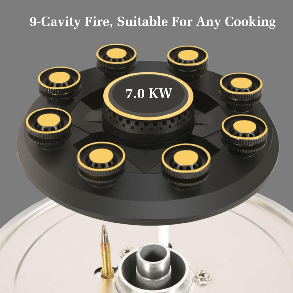 Gas Stove Single Burner,7.0KW Nine-Cavity High-fire Timer,Gas/LP Gas Conversion Stove,Tempered Glass Cast Iron Pot Rack,with Flameout Protection,for Home Kitchen(LPG)