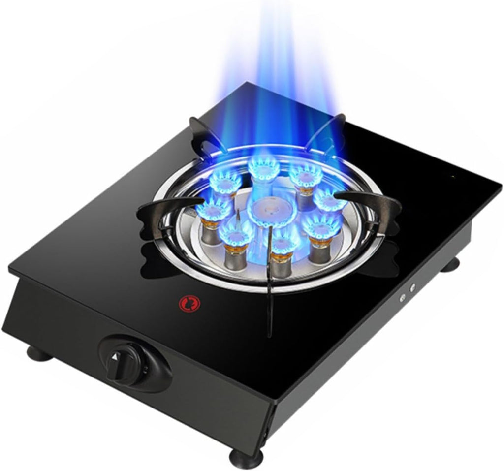 Gas Stove 1 Burners,Glass Black Nine-Head Copper Cover Fierce Fire Extinguishing Protection (liquefied Gas) with Valve and Pipe Clamp