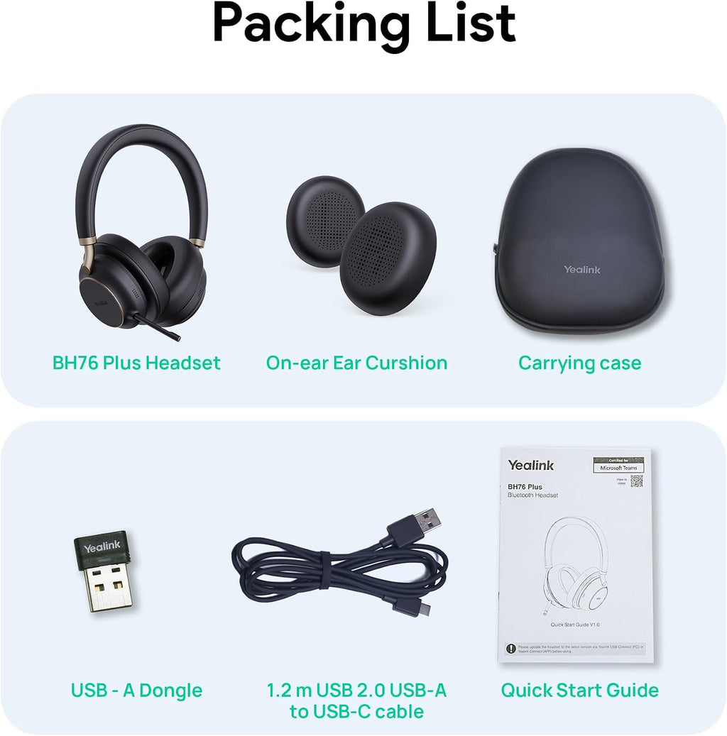 Yealink BH76 Plus UC Wireless Headset for Work, Bluetooth Headsets with Microphone Active Noise Cancelling, Retractable Mic Arm, ANC Business Headsets for Teams Zoom Meeting Call, Switchable Earpads