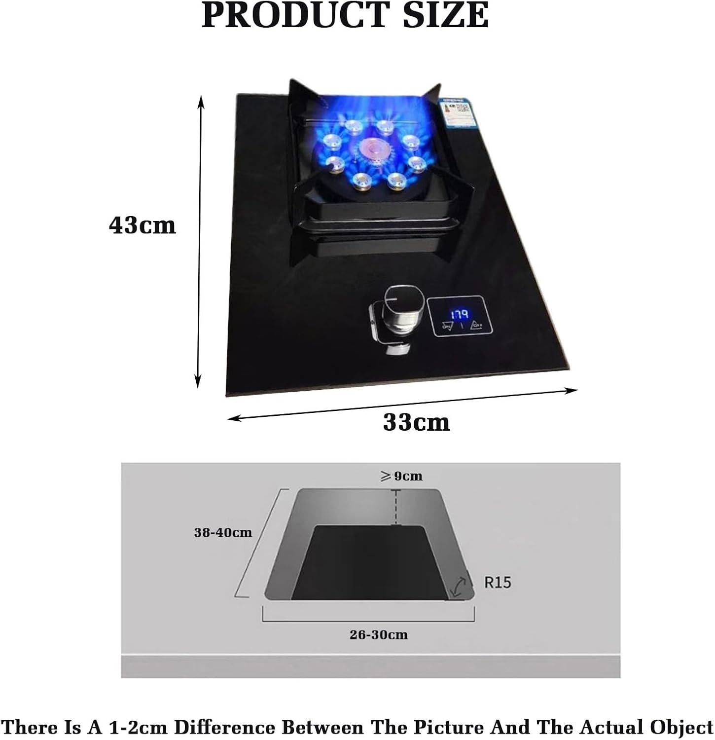 43cm Gas Cooktop,1 Burner Gas Stove,5.2KW 9 Cavity High-fire Timer,Tempered Glass Cast Iron Pot Rack,with Flameout Protection,for Home Kitchen(LPG)