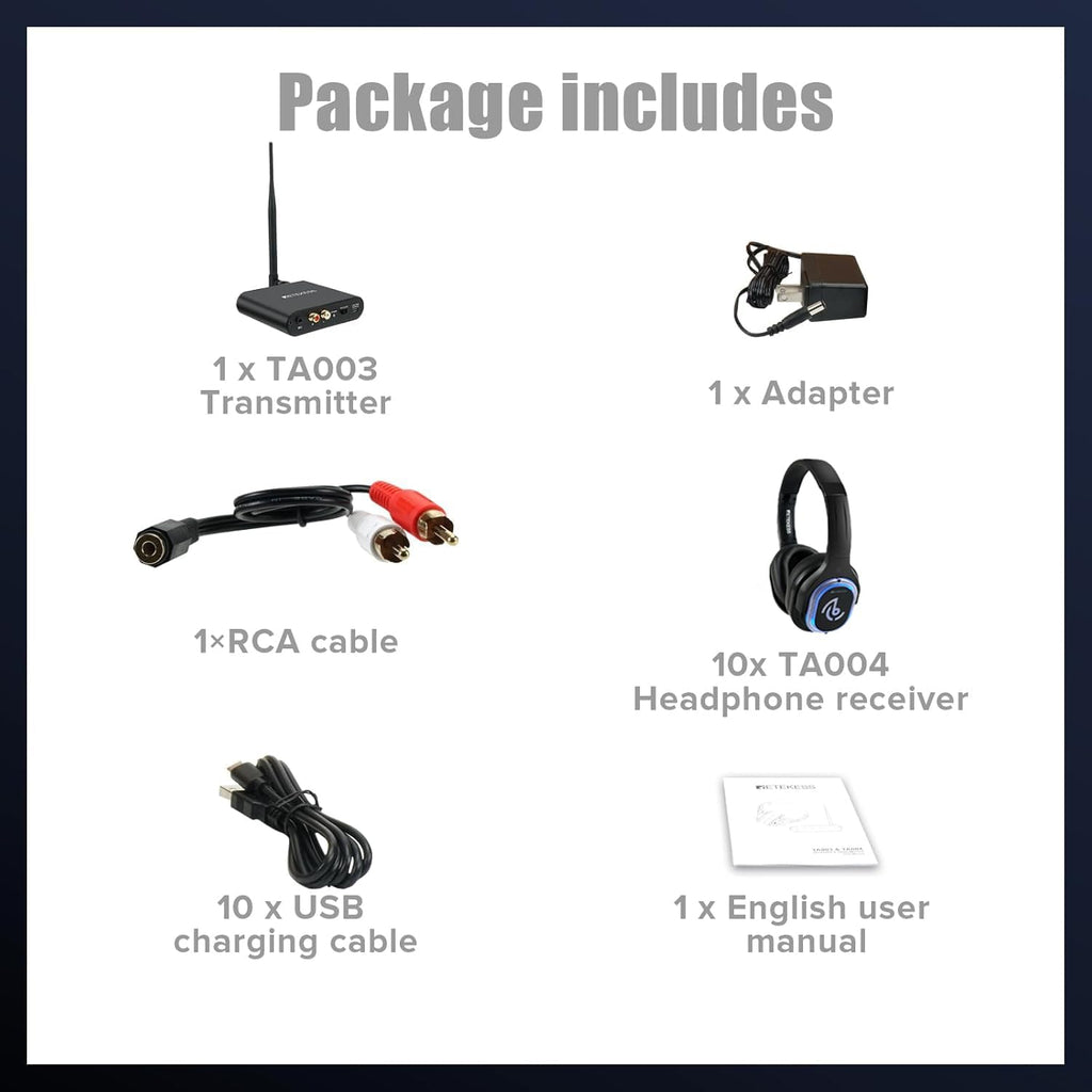 Retekess TA003 Silent Disco Headphone System, Silent Disco Party Headphones,3 Channels,LED Light,Wireless Stereo Headphones Bundle for Kids Party, Home Movies (10 Pack)