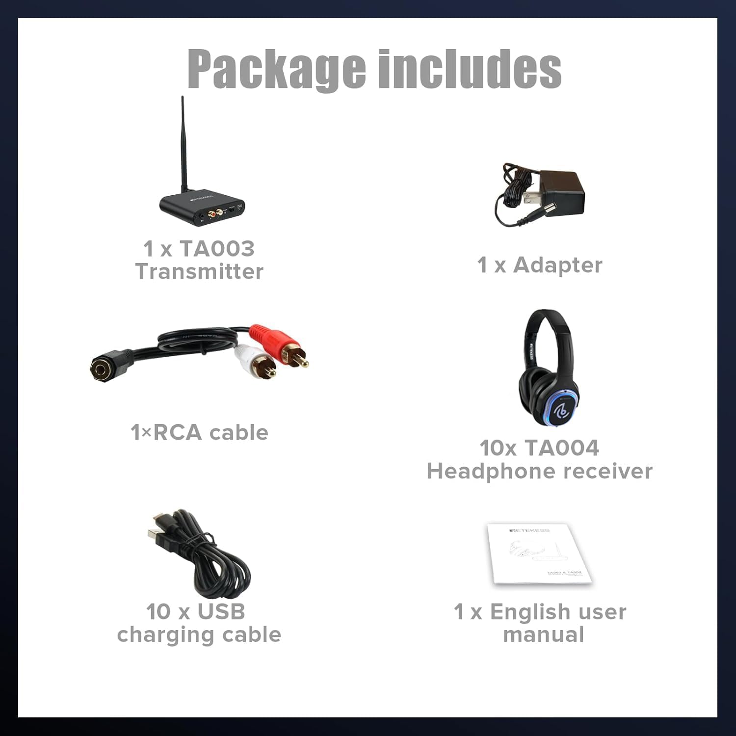 Retekess TA003 Silent Disco Headphone System, Silent Disco Party Headphones,3 Channels,LED Light,Wireless Stereo Headphones Bundle for Kids Party, Home Movies (10 Pack)
