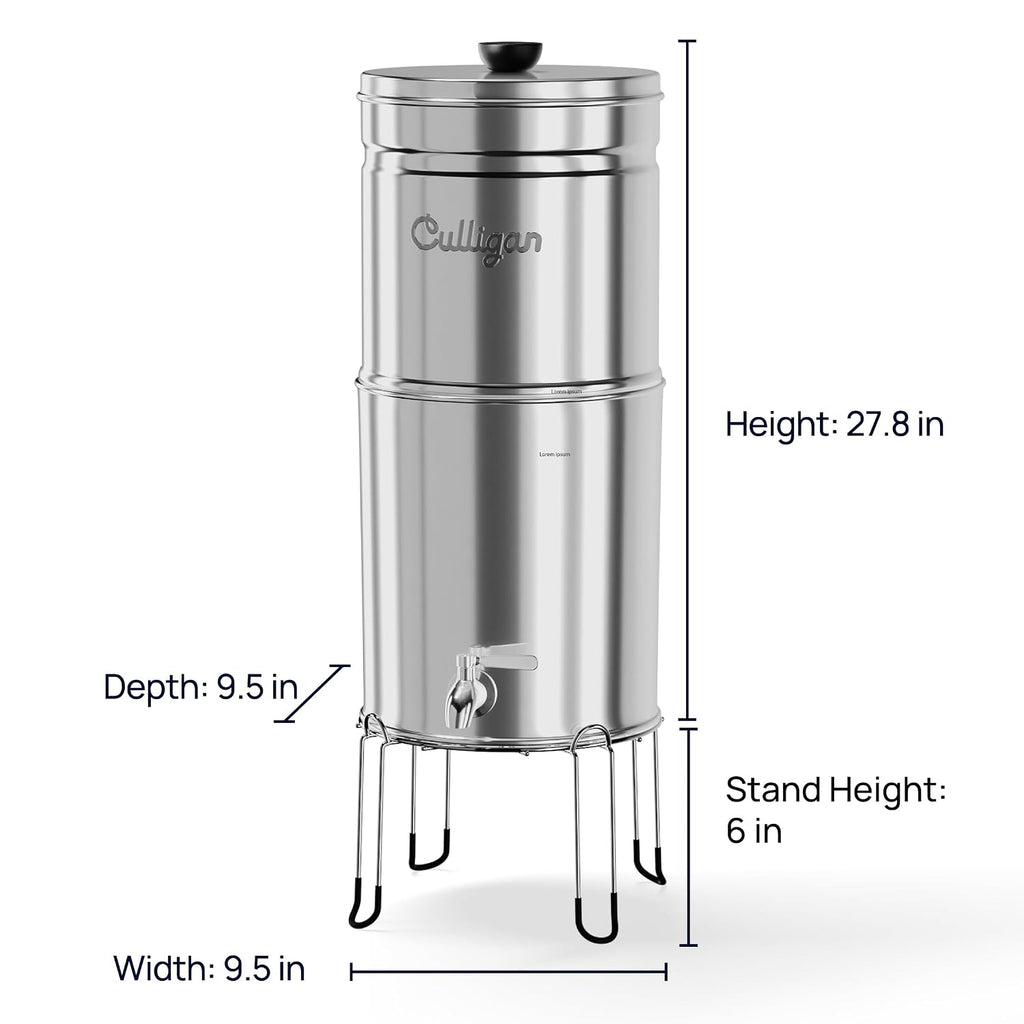 Culligan MaxClear 3 Gallon Gravity Water Filter System Removes Microplastics, PFAS & Lead, NSF/ANSI Certified, Polished Stainless-Steel Countertop Filter with 3 Ceramic Filters