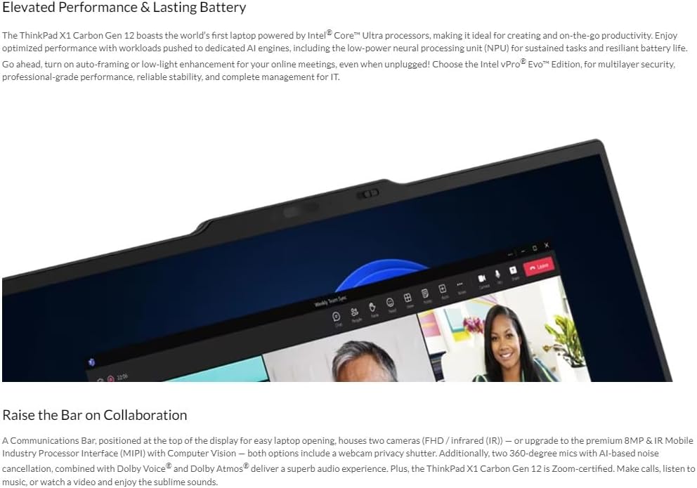 Lenovo Gen 12 ThinkPad X1 Carbon Laptop with Intel Ultra 7 155U Processor, 14' WUXGA 100% sRGB Touchscreen, 32GB 6400MHz RAM, 1TB Gen4 Performance SSD, FHD+ IR+ RGB Camera, and Windows 11 Pro
