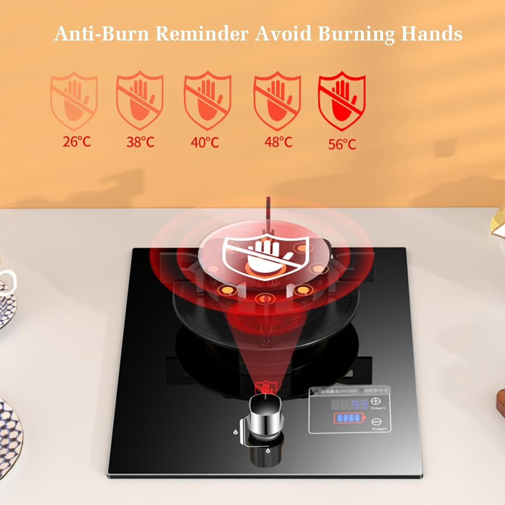 43cm Gas Stove,Gas Cooker 1 Burner,5.2W Nine-Cavity High-fire Timer,Gas/LP Gas Conversion Stove,Tempered Glass Cast Iron Pot Rack,with Flameout Protection(LPG)