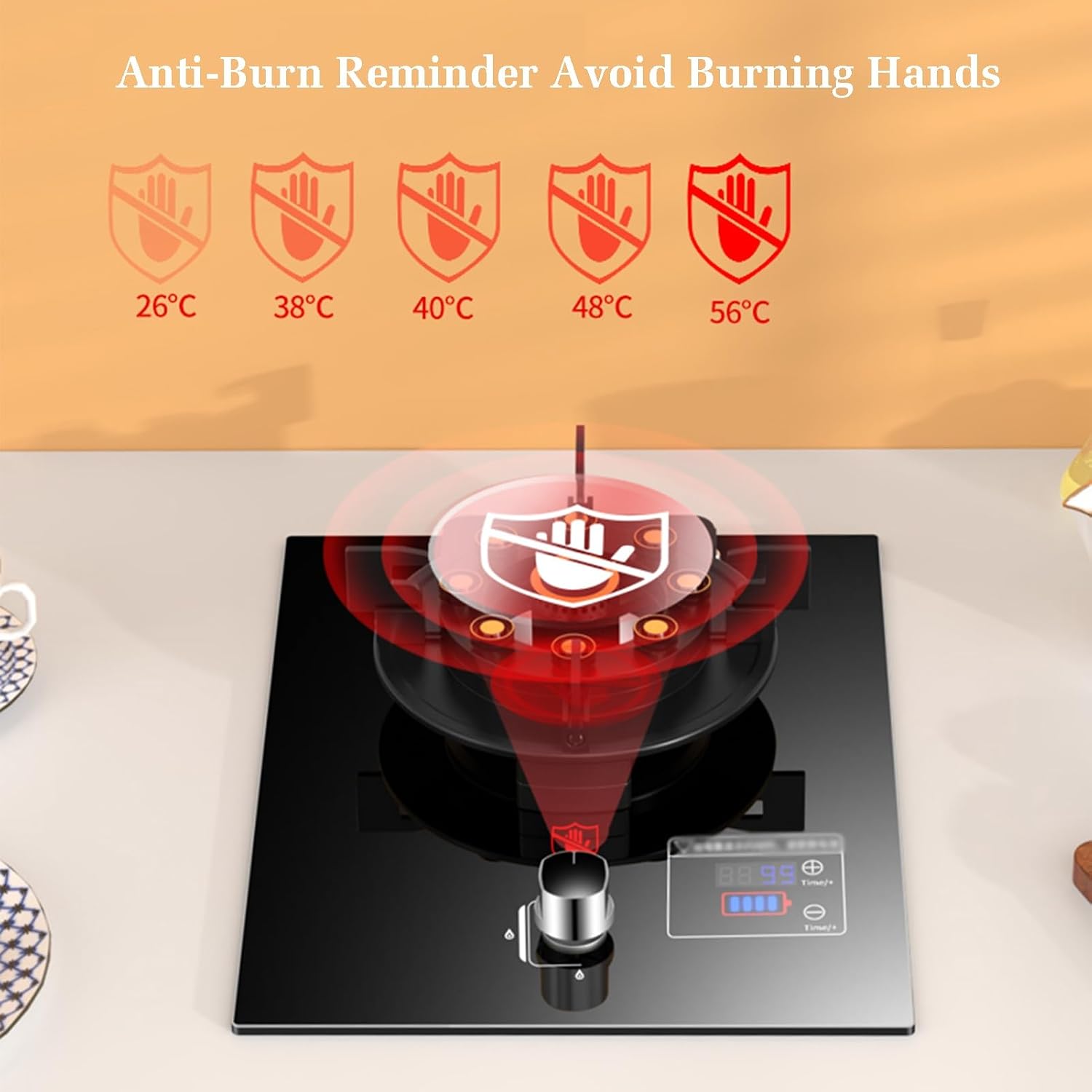 43cm Gas Stove,Gas Cooker 1 Burner,5.2W Nine-Cavity High-fire Timer,Gas/LP Gas Conversion Stove,Tempered Glass Cast Iron Pot Rack,with Flameout Protection(LPG)