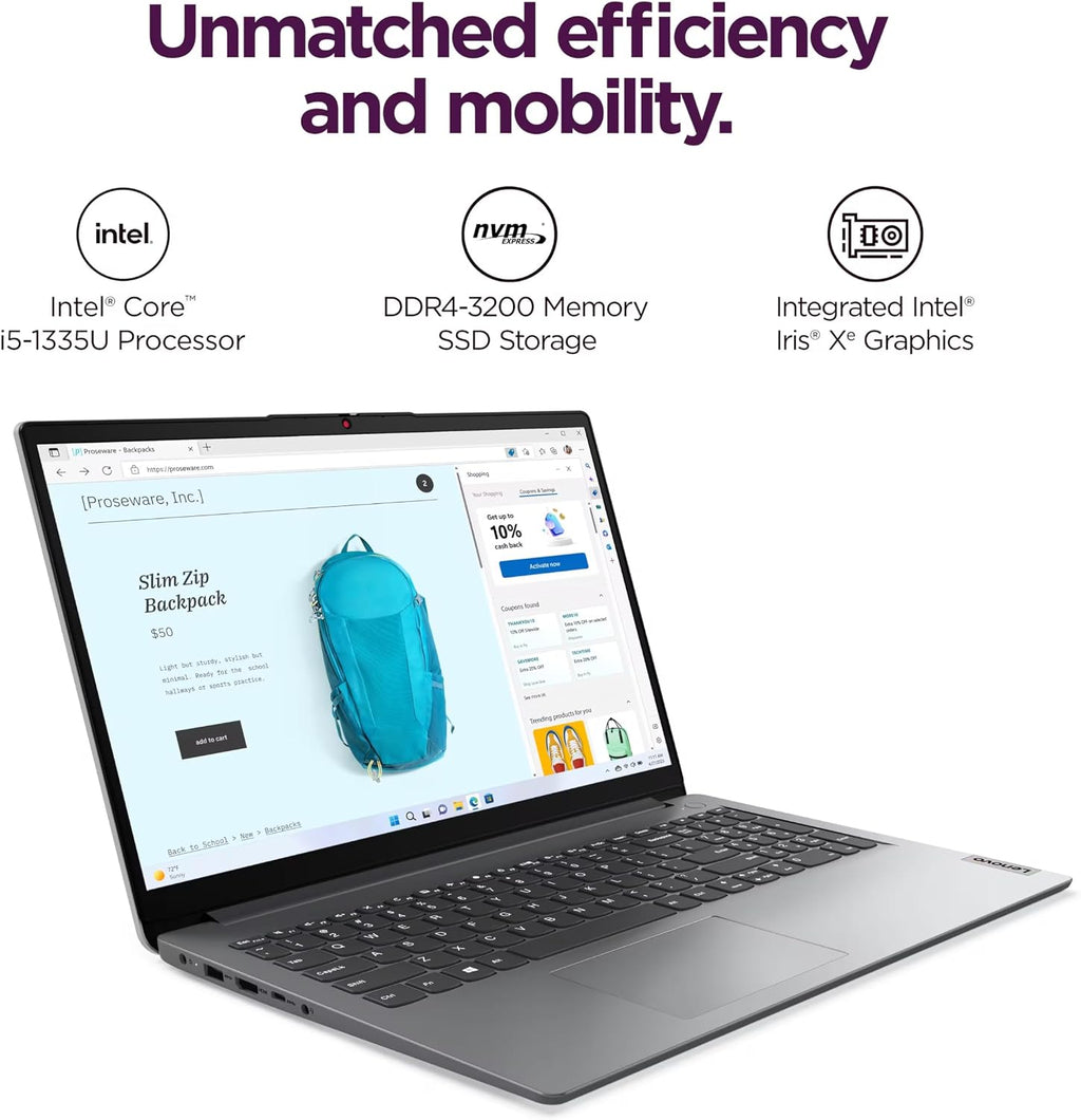 Lenovo IdeaPad 1i 15.6' FHD Laptop, Intel Core i5-1335U, 16GB RAM, 1TB SSD, Windows 11 Pro, Lifetime MS Office • Copilot AI, w/External DVD Drive, Long Battery Life, Wi-Fi 6, Dolby Audio, Cloud Gray