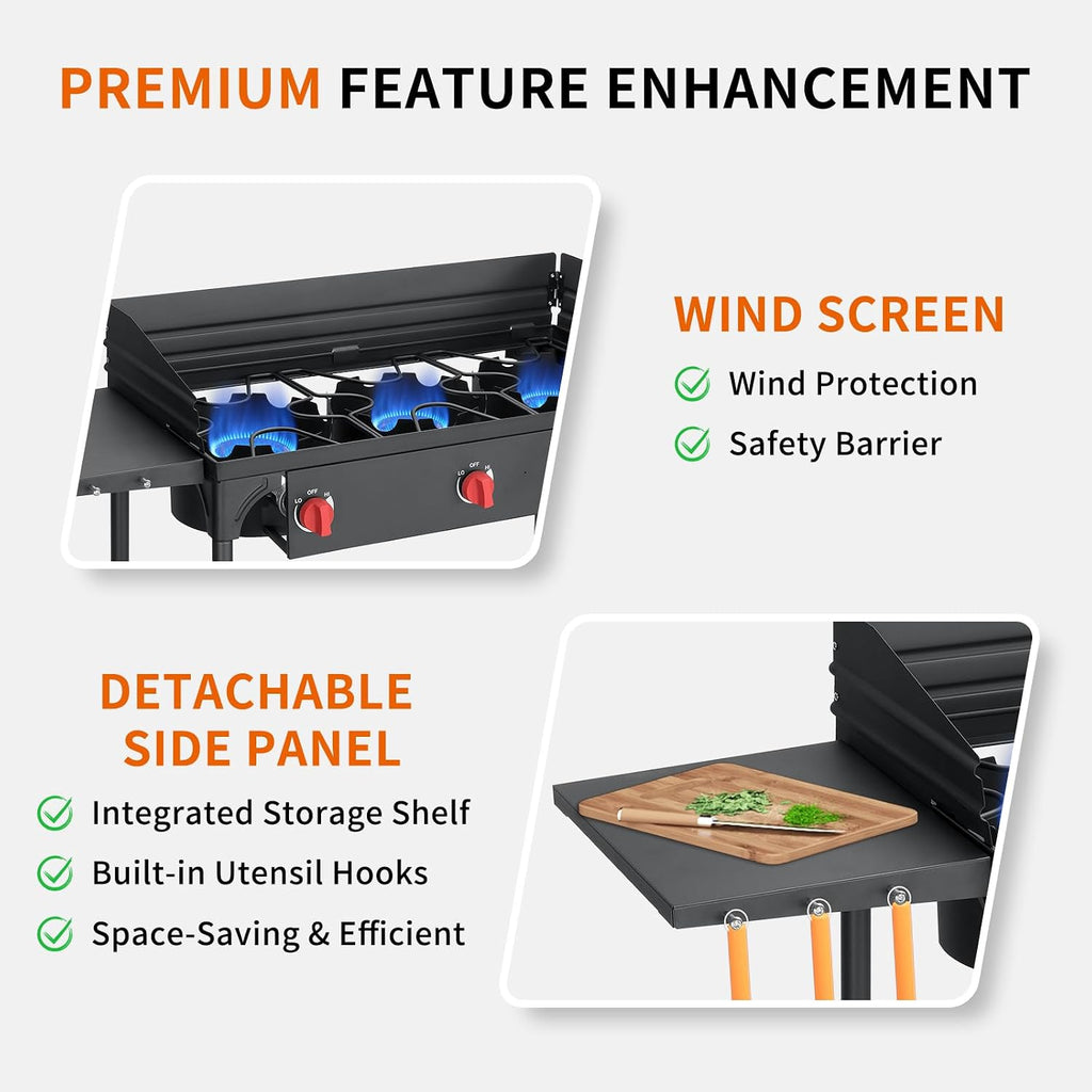 SKOK 3 Burners Camping Propane Stove with Wind Panel&Side Shelves, Portable Gas Stove, Outdoor Stove for Camping