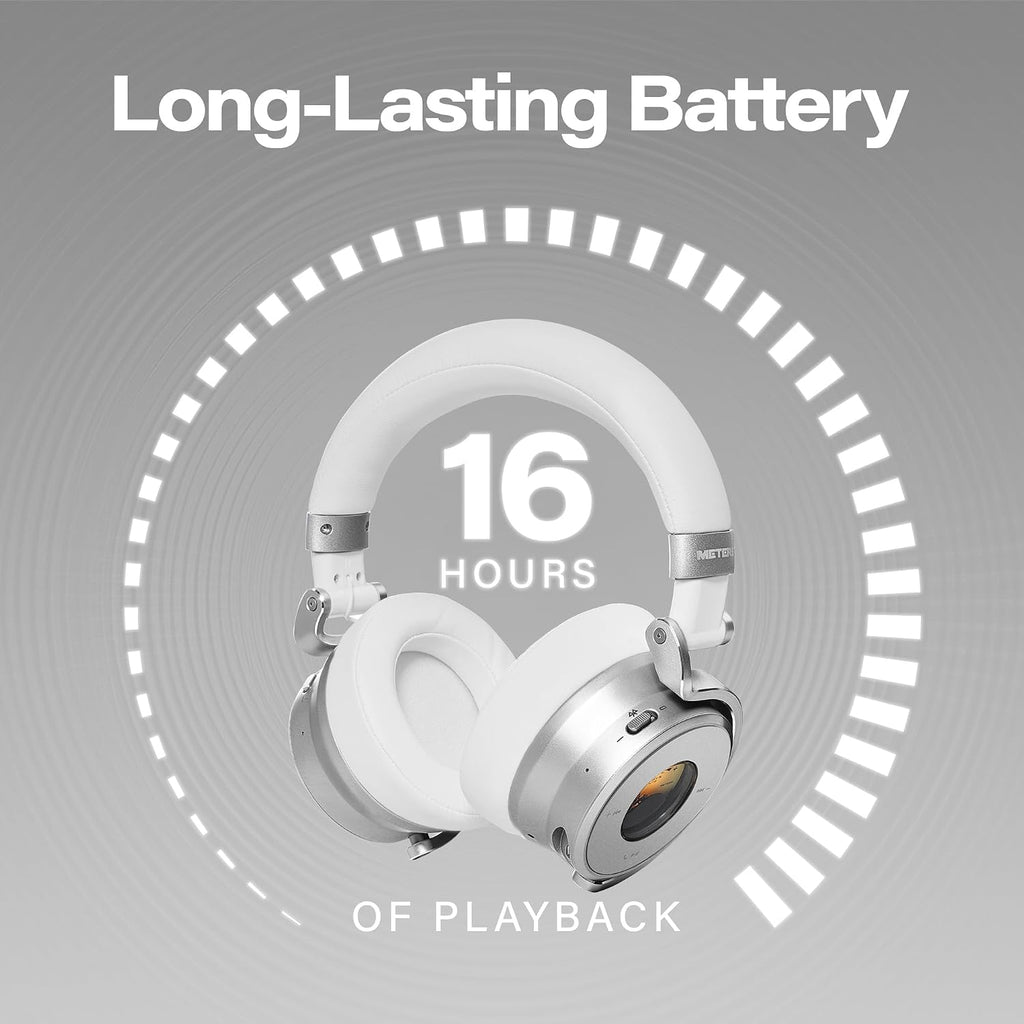 Meters OV-1-B-C Over-Ear Wireless Headphones with Active Noise Cancellation - Studio-Quality Sound with 16-Hour Playback & VU Display - Bluetooth 5.0, App-Controlled, 40mm Drivers (White)