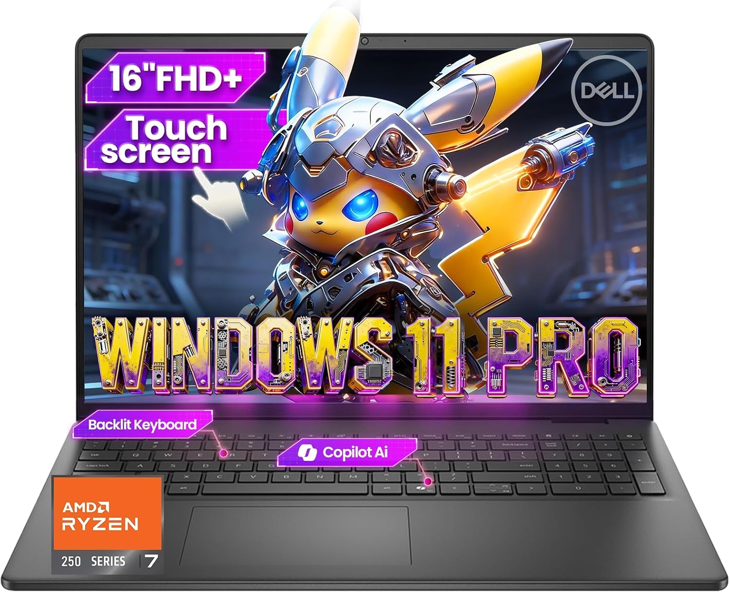 Dell 16-inch Touchscreen Business Laptop - AMD Ryzen 7 250(Beat Core 7 150U)| 16 Tops NPU | AI Copilot Key | 16' FHD+ Display |Backlit KB|Win 11 Pro|Carbon Black(32GB DDR5 | 2TB SSD)
