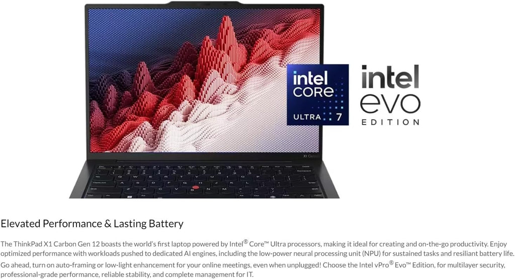 Lenovo Gen 12 ThinkPad X1 Carbon Laptop with Intel Ultra 7 155U Processor, 14' WUXGA 100% sRGB Touchscreen, 32GB 6400MHz RAM, 1TB Gen4 Performance SSD, FHD+ IR+ RGB Camera, and Windows 11 Pro