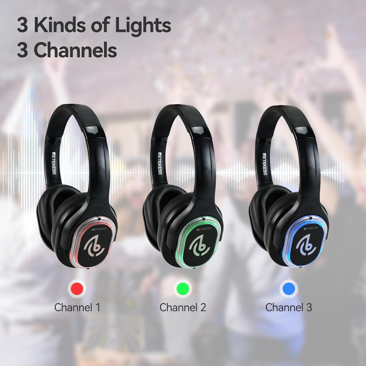 Retekess TA003 Silent Disco Headphone System, Party Wireless Headphones, LED Light, Stereo Sound, Silent Party Headphones Bundle 3 Channel for DJ, Music Events, Festivals (50 Pack)