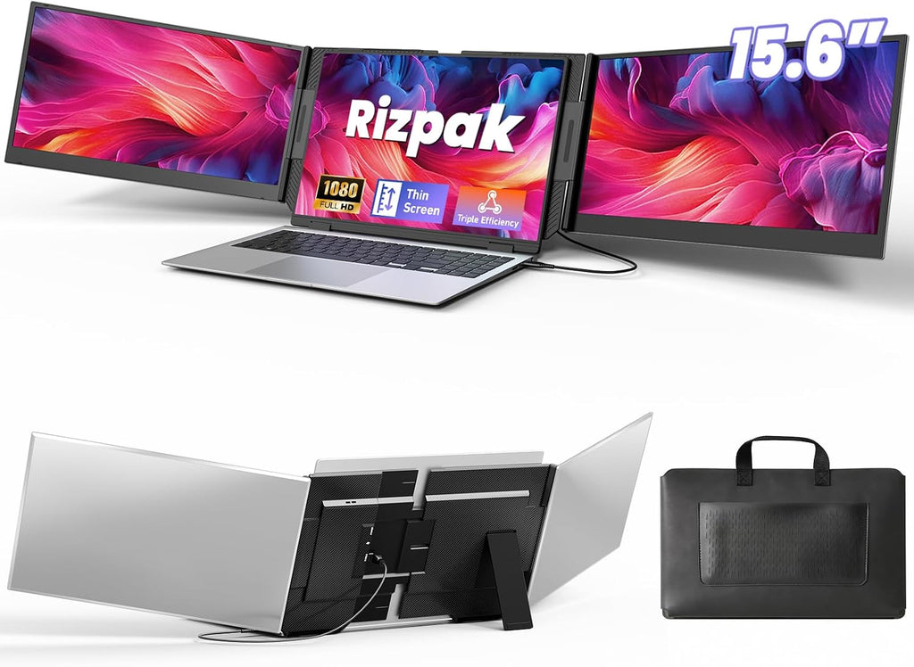 One Cable Laptop Screen Extender, 15.6' Ultra-Slim Triple Portable Monitor, 1080P FHD IPS Display, USB-C/USB-A Connection, Travel Monitor for 13–17.3' Laptops, MacOS/Windows/Android
