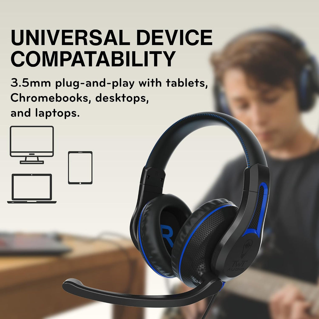 TWT Audio Classroom Headsets with Microphone – Duro TW210 2nd Gen Over Ear Wired Headphones Bulk 20 Pack, Durable, Comfortable 3.5mm Headset with Mic for School, Labs, Testing, Students