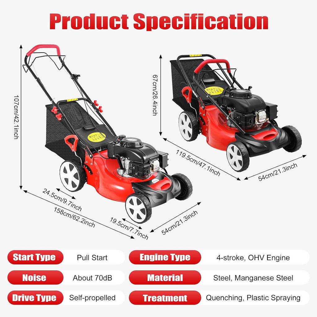 20 Inch Self Propelled Gas Lawn Mower, 140CC 4-Stroke OHV Engine 5HP, 8-Position Height Adjustment 1-3.2in, 15.9Gal Large Grass Catcher Cordless Push Lawn Mowers for Garden Yard