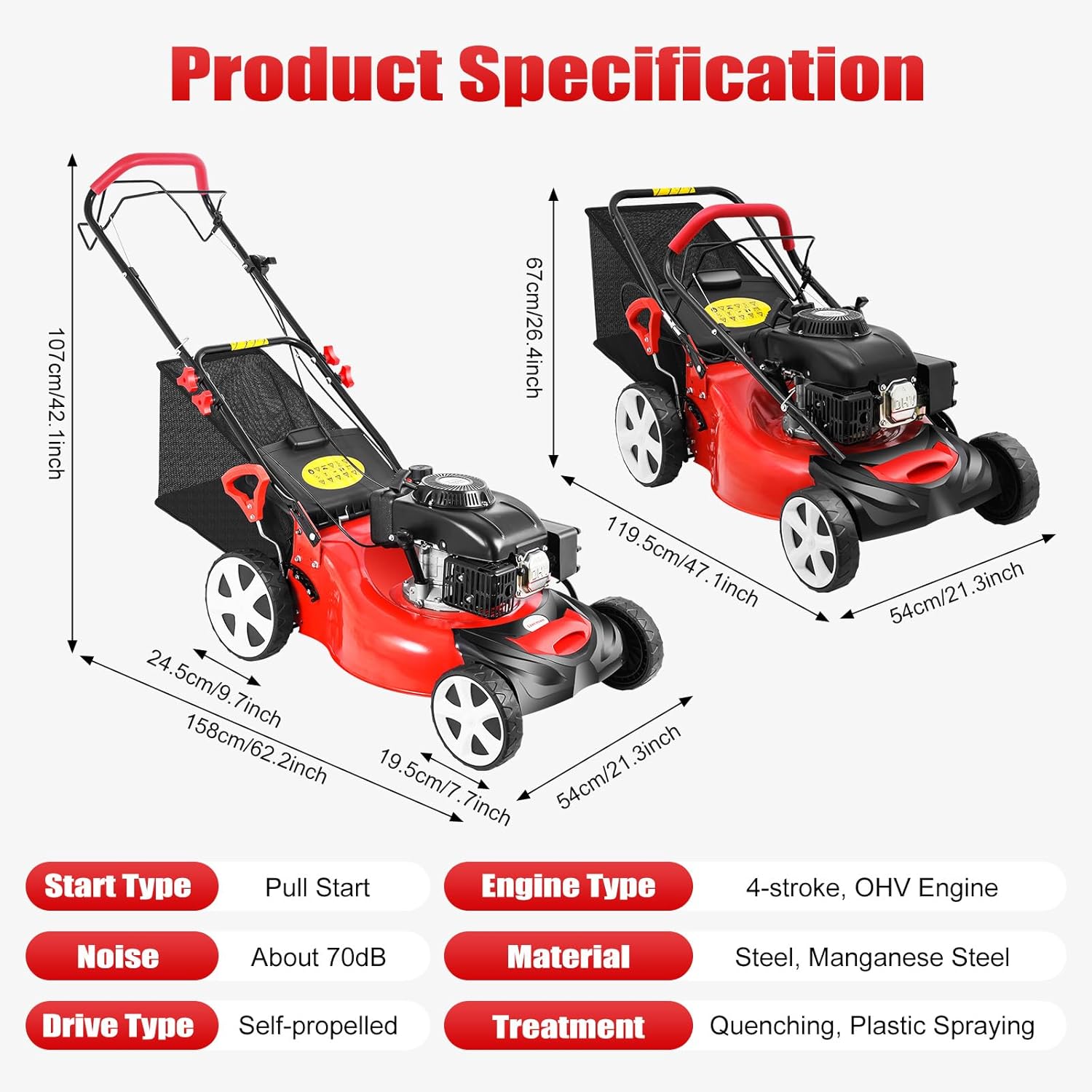 140CC Self Propelled Gas Lawn Mower, 4-Stroke Gasoline Walk-Behind Lawn Mower, 5HP Cordless Walk Behind Brush Cutter wuth 8 Gears Adjustable Cutting Height and 20' Mowing Width, 15.9Gal Bag