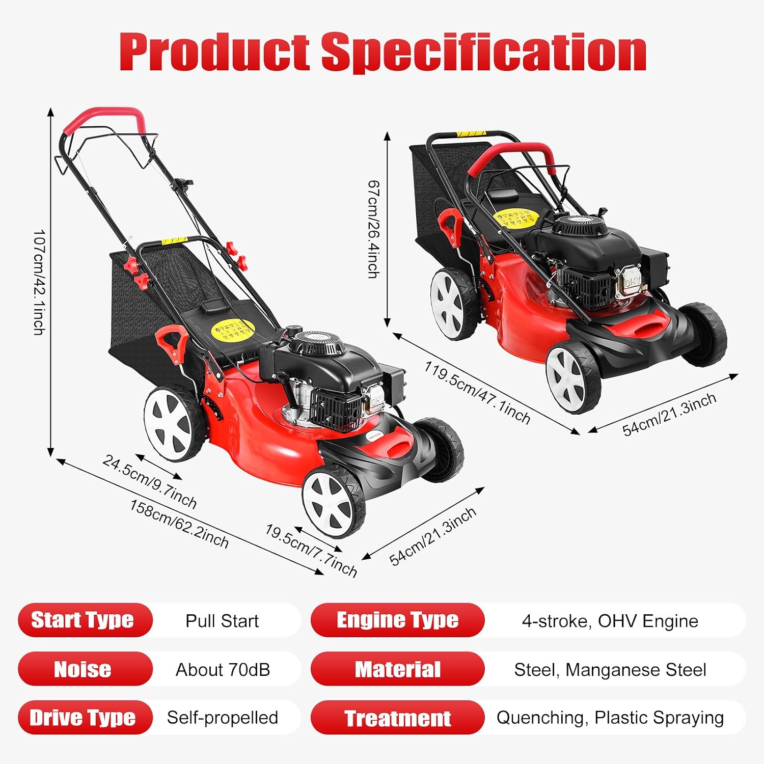 Self Propelled Lawn Mower 140CC 4-Stroke Gas Lawn Mowers 20 Inch Cutting Width Lawn Mower 8 Adjustable Height Gas Powered Lawn Mower 3-in-1 with Grass Collecting Bag