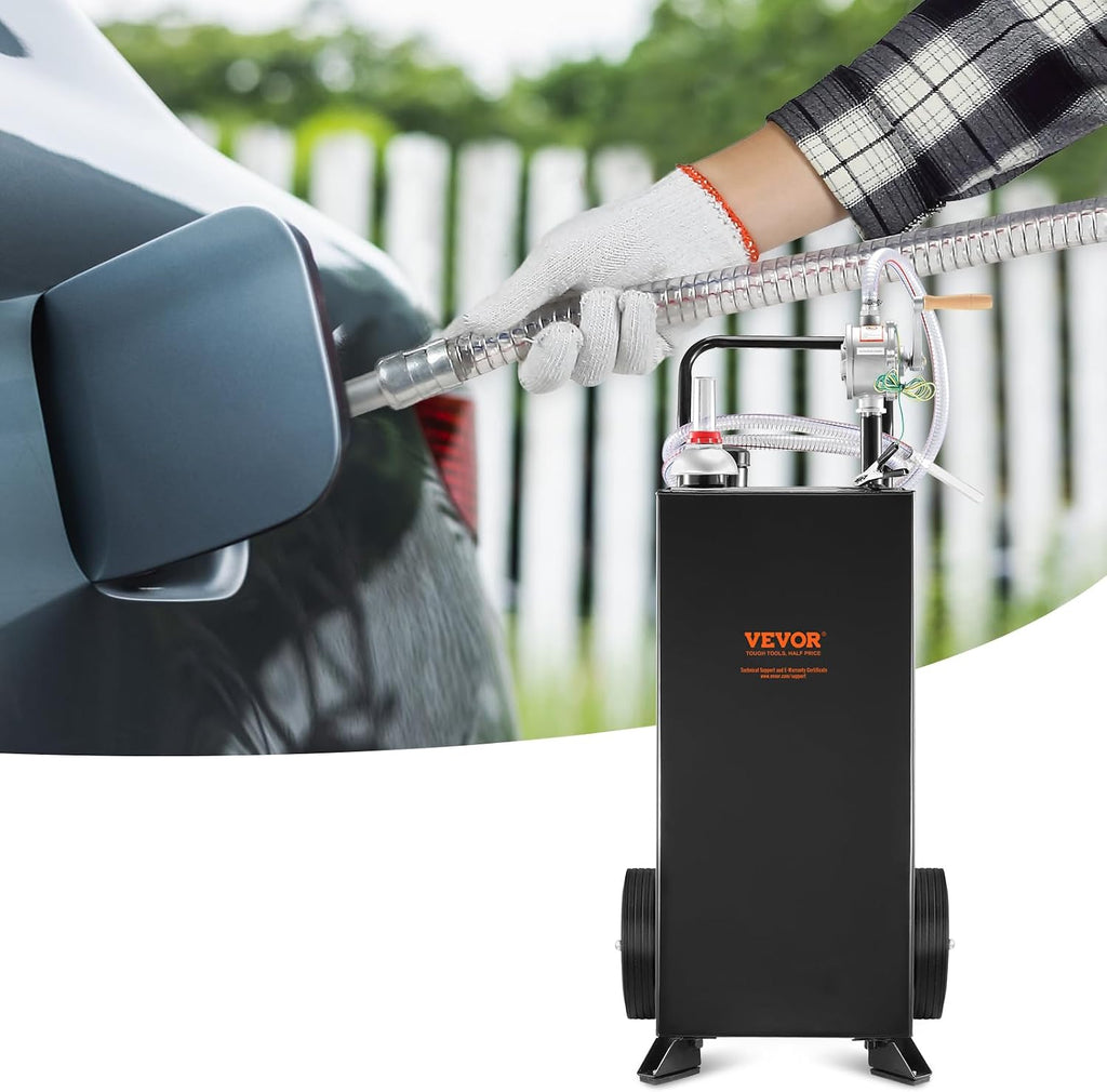 VEVOR 30 Gallon Gas Caddy - Portable Fuel Storage Tank with 2 Wheels & Manual Transfer Pump, Diesel & Gasoline Fuel Container for Cars, Lawn Mowers, ATVs, Boats, Black