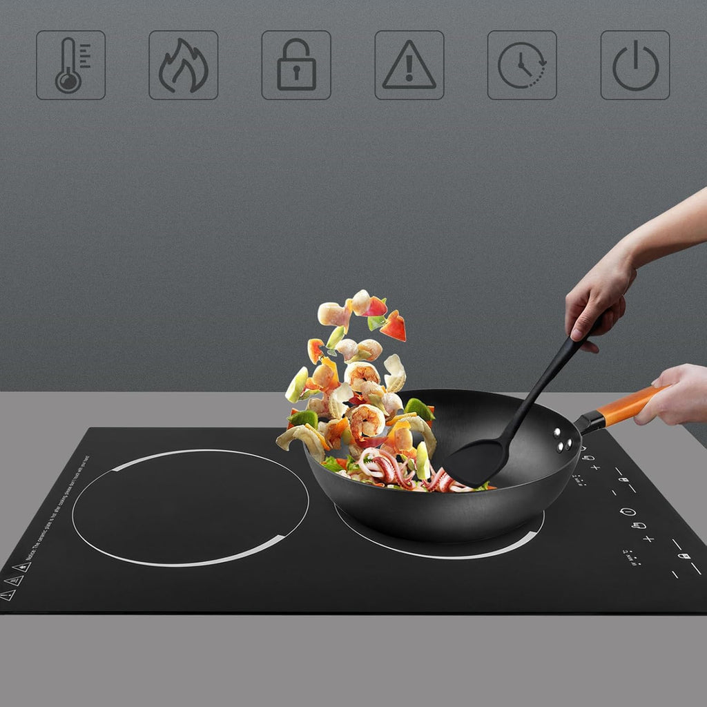 Double Electric Cooktop, 12 Inch Built-in Induction Stove Top, 2 Burners 9 Temperature Adjustment Gears Electric Stove, Timer & Kid Safety Lock Sensor Touch Control Double Induction Cooktop