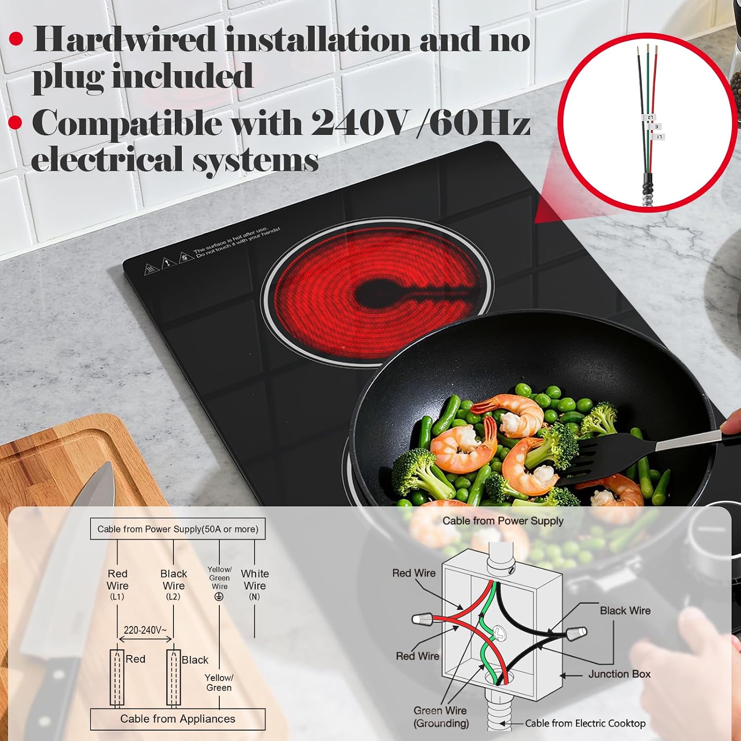 SNDOAS 2 Burner Electric Cooktop,12 inch Built-in 3000W and 9 Power Levels Glass Ceramic Stove Top,Electric Stove with Knob Control,Hardwired 240V for Kitchen,Residual Heat Protection,Easy Clean