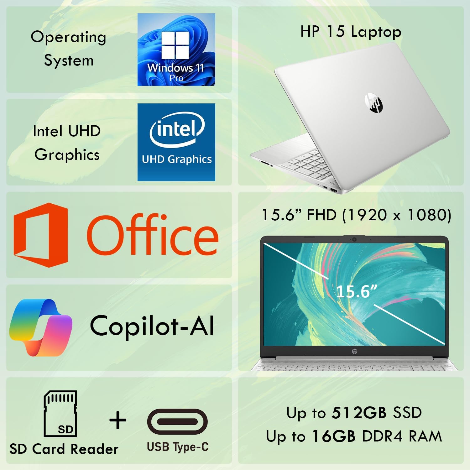 HP 15 Laptop for School, Work, and Home + Microsoft Office 365, 4GB RAM, 256GB SSD, 15.6' FHD 1080p LED Display, Copilot AI, Fast Intel Processor, HDMI, Windows 11 Pro