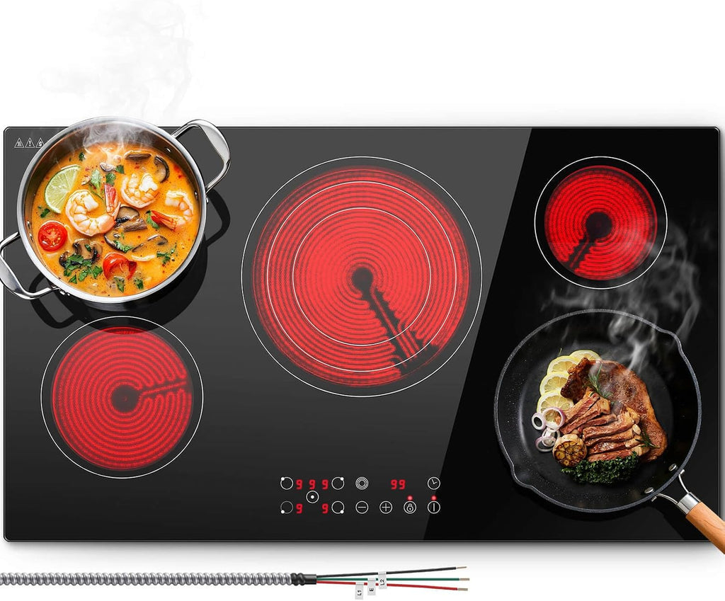 SNDOAS 36 inch Electric Cooktop,5 Burners 9000W Built-in Glass Ceramic Electric Stove Top w/Touch Control,9 Power Levels,Child Lock,Triple-Ring Zone,240V Hardwired for Kitchen Countertop 36'