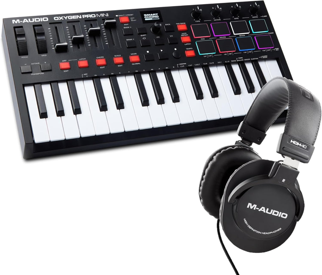 M-Audio Oxygen Pro Mini 32 Key USB MIDI Keyboard Controller with Beat Pads and HDH40 Over Ear Studio Headphones