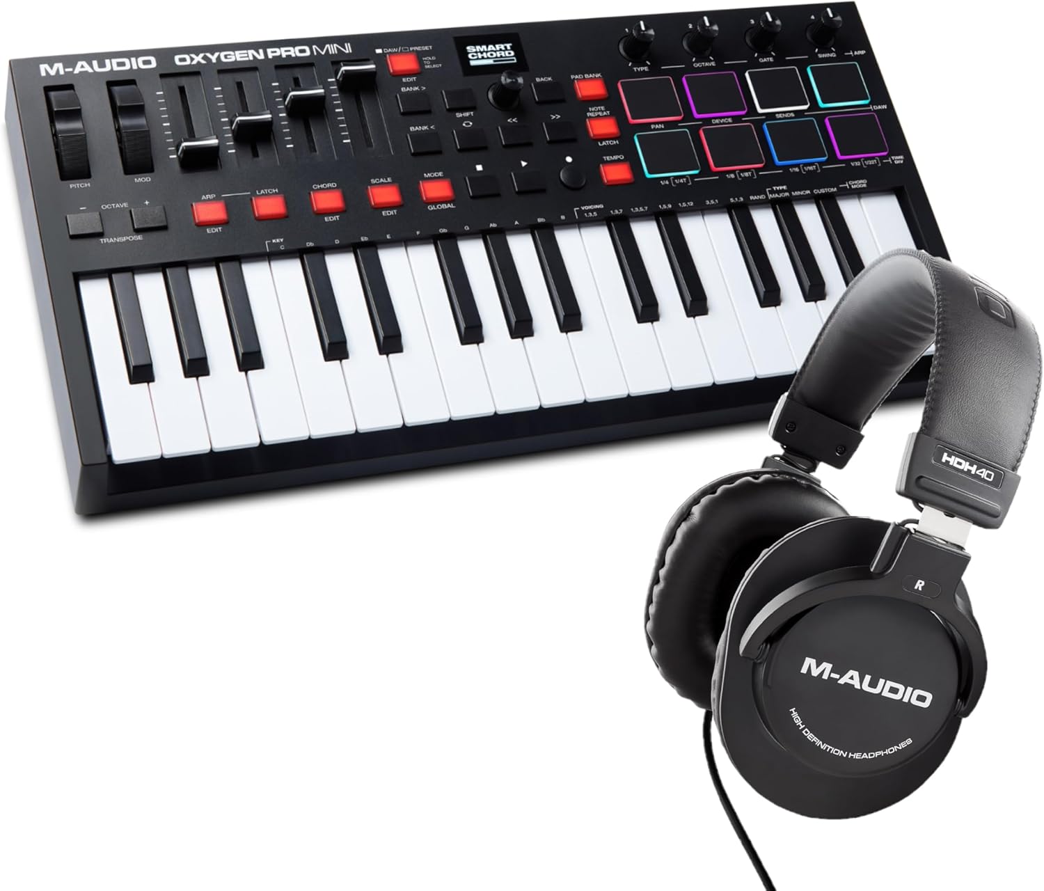 M-Audio Oxygen Pro Mini 32 Key USB MIDI Keyboard Controller with Beat Pads and HDH40 Over Ear Studio Headphones