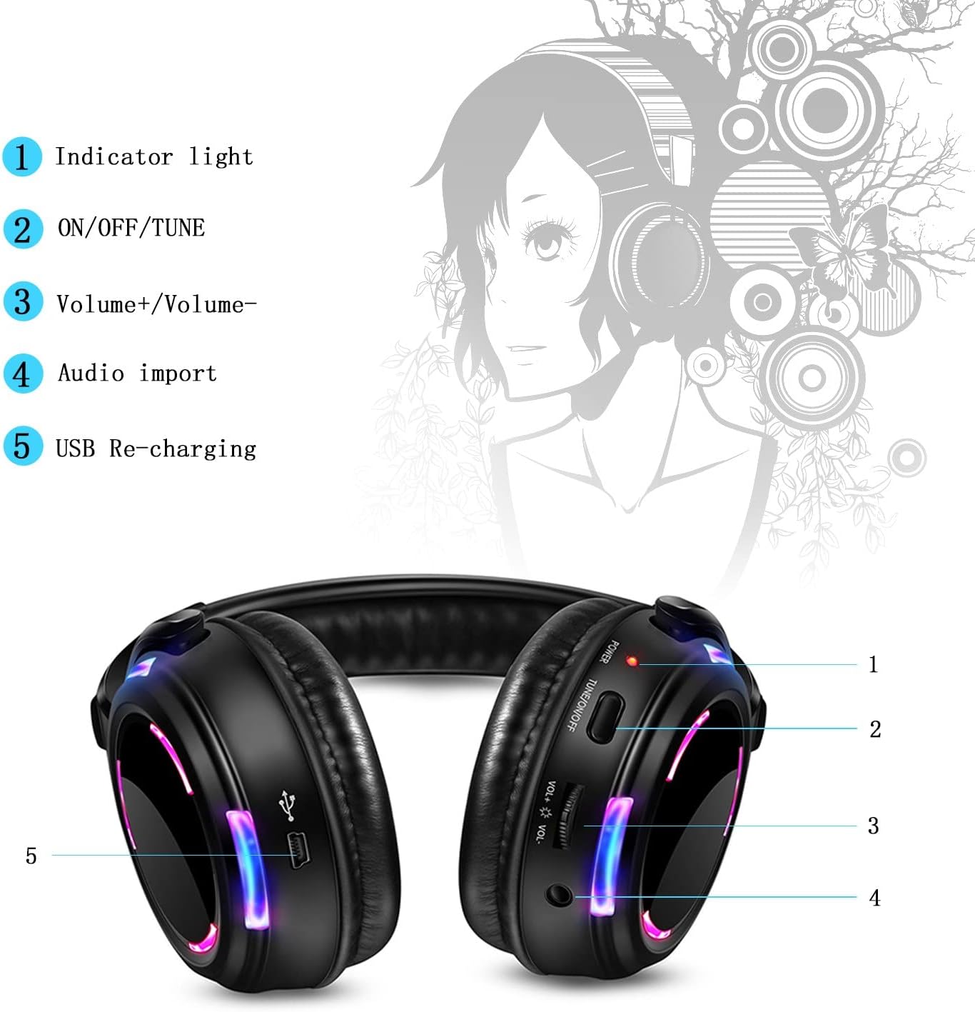 Professional Silent Disco LED Wireless Headphones and RF LED Silent Disco Earphones for iPod MP3 DJ Music Pary Club (2 led Headphone + 2 Transmitter)