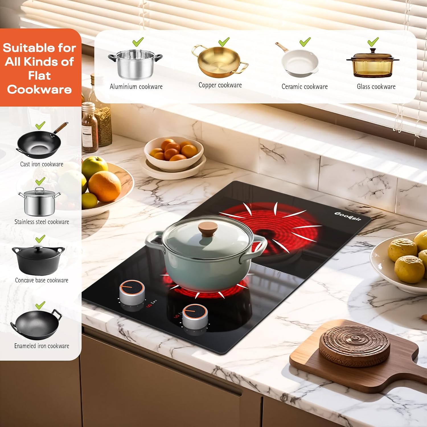 Electric Cooktop 2 Burner - 12 Inch 2000W Electric Stove Built-in & Countertop, Two Burner Ceramic Cooktop with Knob Control, 9 Power Level, Over Heat Protection, 110-120V Plug in (Red Konb)