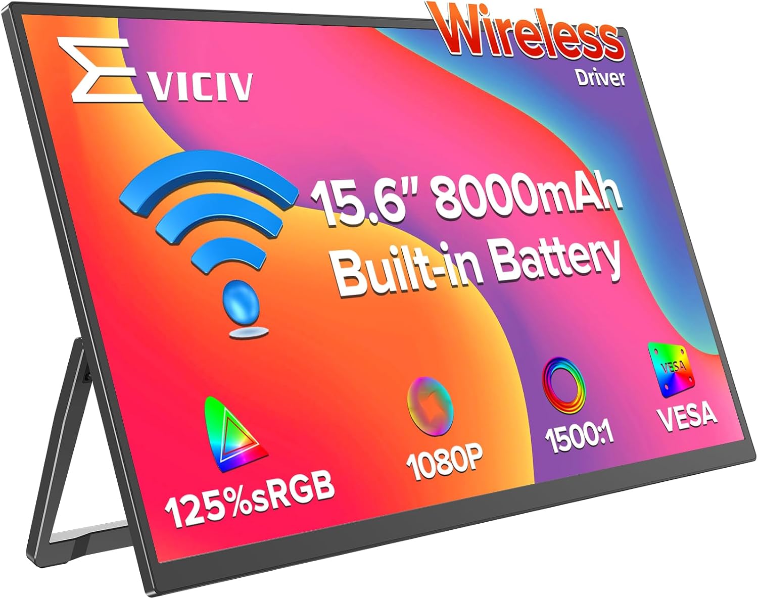 Wireless Portable Monitor with 8000mAh Battery, 15.6' Wireless Monitor, Support AirPlay, Miracast Laptop Display, USB-C & MINI HDMI & VESA, Travel Second Screen for Laptop, Computer, Game Consoles