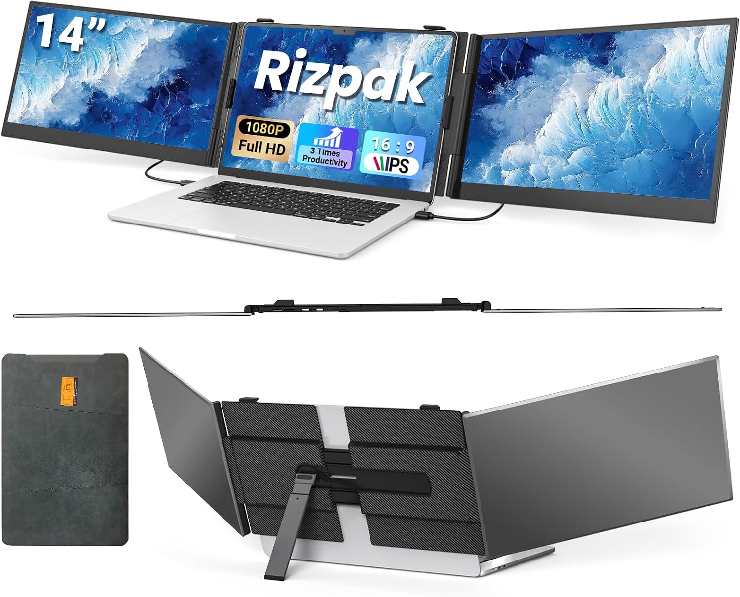 14' Triple Laptop Screen Extender, FHD 1080P IPS Ultra-Thin Portable Monitor, 2.2lbs Plug & Play USB-C/HDMI Travel Monitor for 13'-17' Laptops, Compatible with Windows, Mac, Android, Chrome