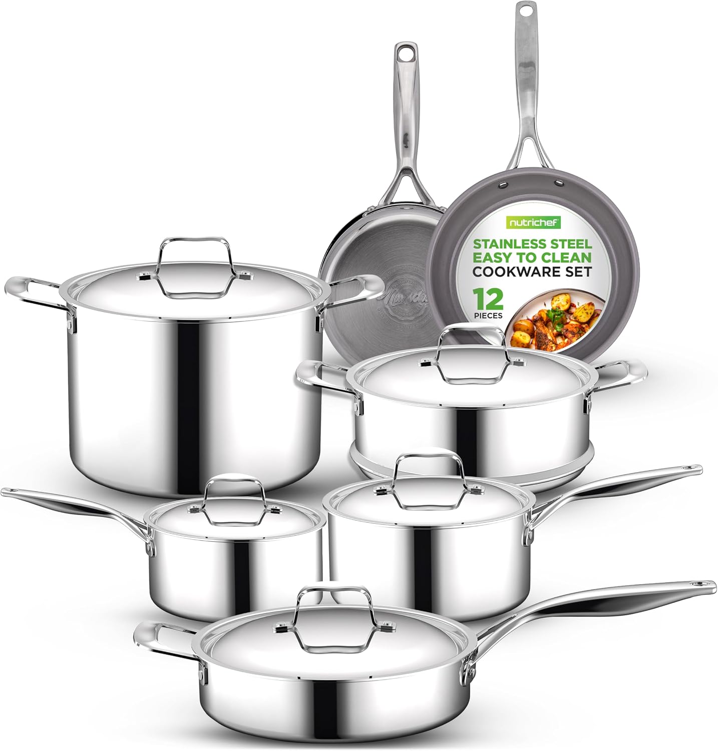 NutriChef Kitchenware Pots & Pans Set - 12 Piece, Clad Kitchen Cookware Set w/Steel Handles, Fry Pan Interior Coated w/ Ceramic Non-Stick Coating, Stylish Kitchen Cookware - NCSSX45
