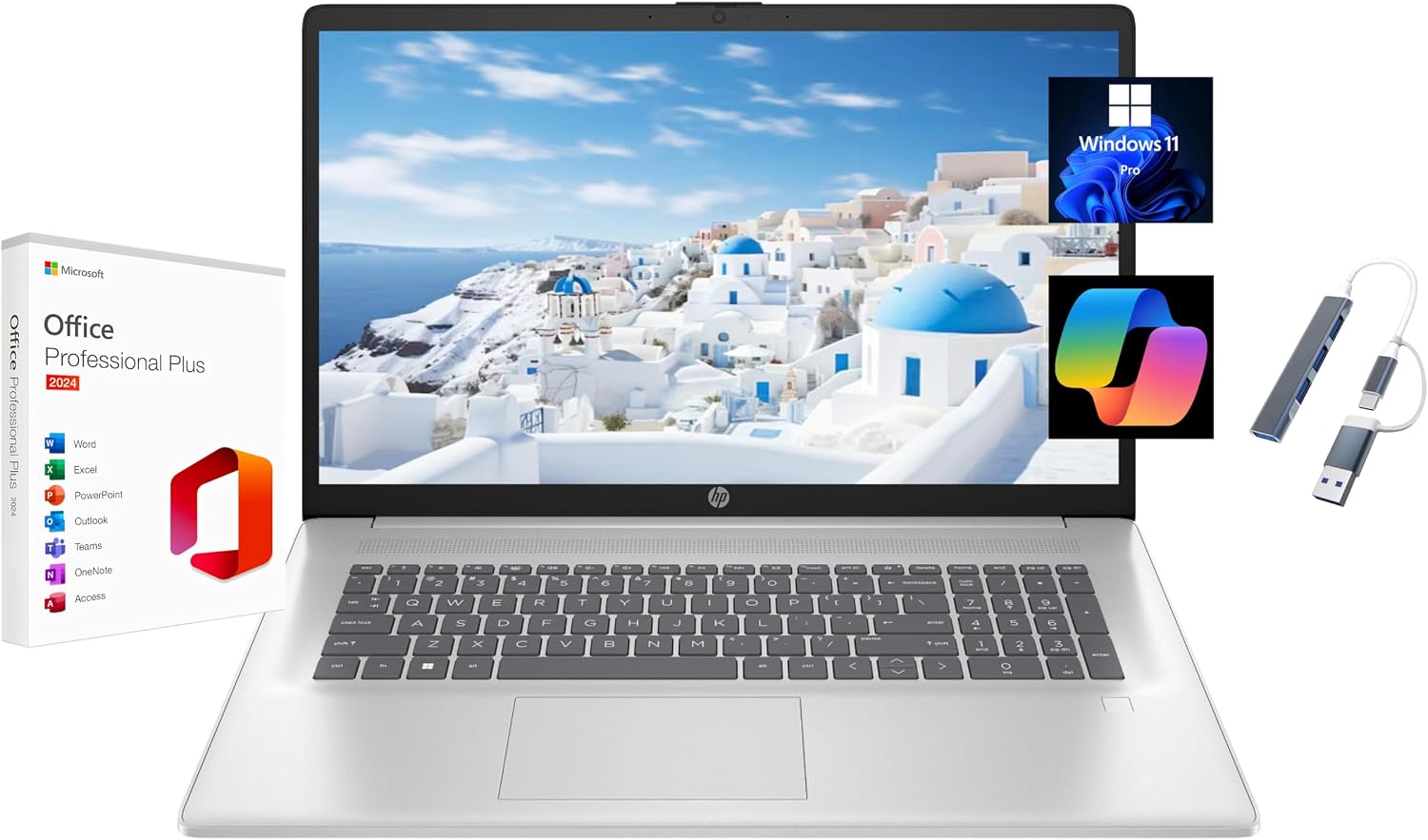 HP 17.3' HD+ Laptop, with Free Lifetime Microsoft Office 2024, Intel Core i5-1334U, 16GB RAM, 256GB SSD, Intel Iris Xe Graphics, Windows 11 Pro, Natural Silver, with USB Hub