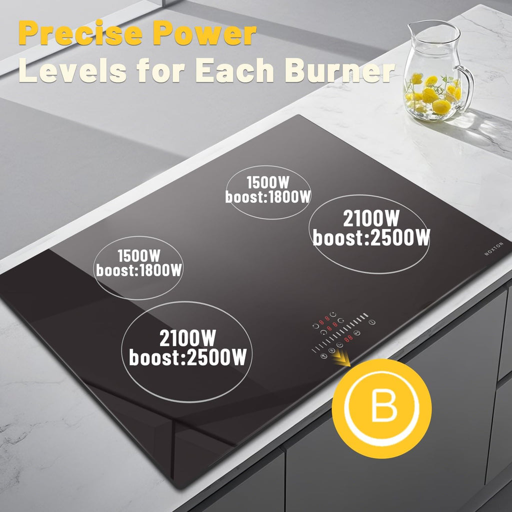Noxton 30 inch Induction Cooktop, 7200W Electric Cooktop with 4 BOOST Burners, 9 Power Settings, Timer, Child Safety Lock, Pause, 220~240V Hard Wire Induction Stovetop