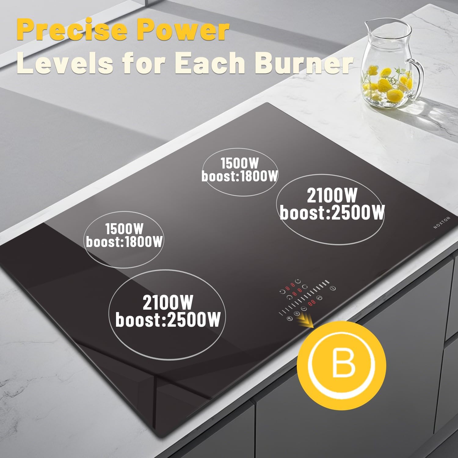 Noxton 30 inch Induction Cooktop, 7200W Electric Cooktop with 4 BOOST Burners, 9 Power Settings, Timer, Child Safety Lock, Pause, 220~240V Hard Wire Induction Stovetop
