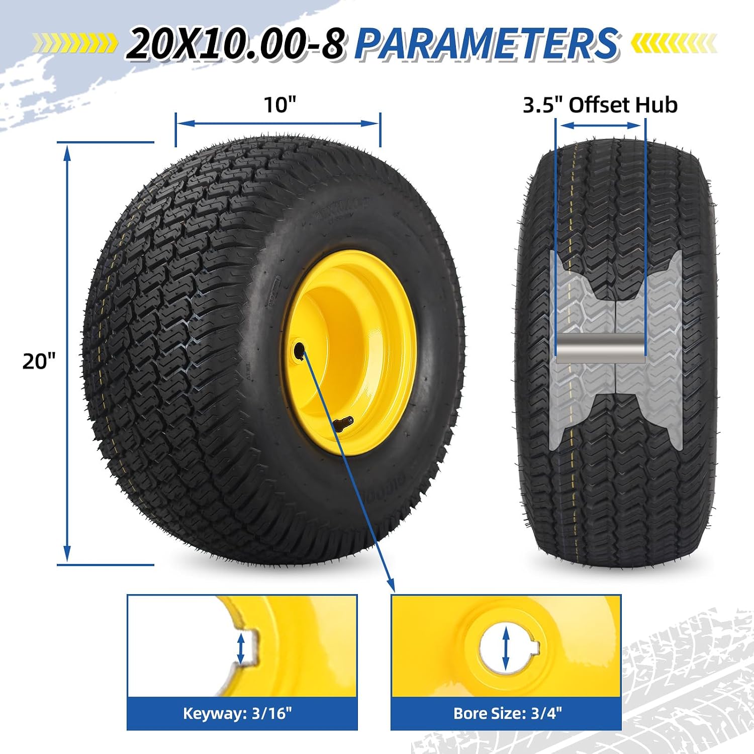 GICOOL 20x10.00-8 Lawn Mower Tire and Wheel, 3/4' Borehole, and 3/16' Keyway, 3.5' Offset Hub, 4 Ply Tubeless Tire, Replacement 20x10-8nhs Riding Lawn Mower and Tractor Rear Tire and Wheel Assemblies