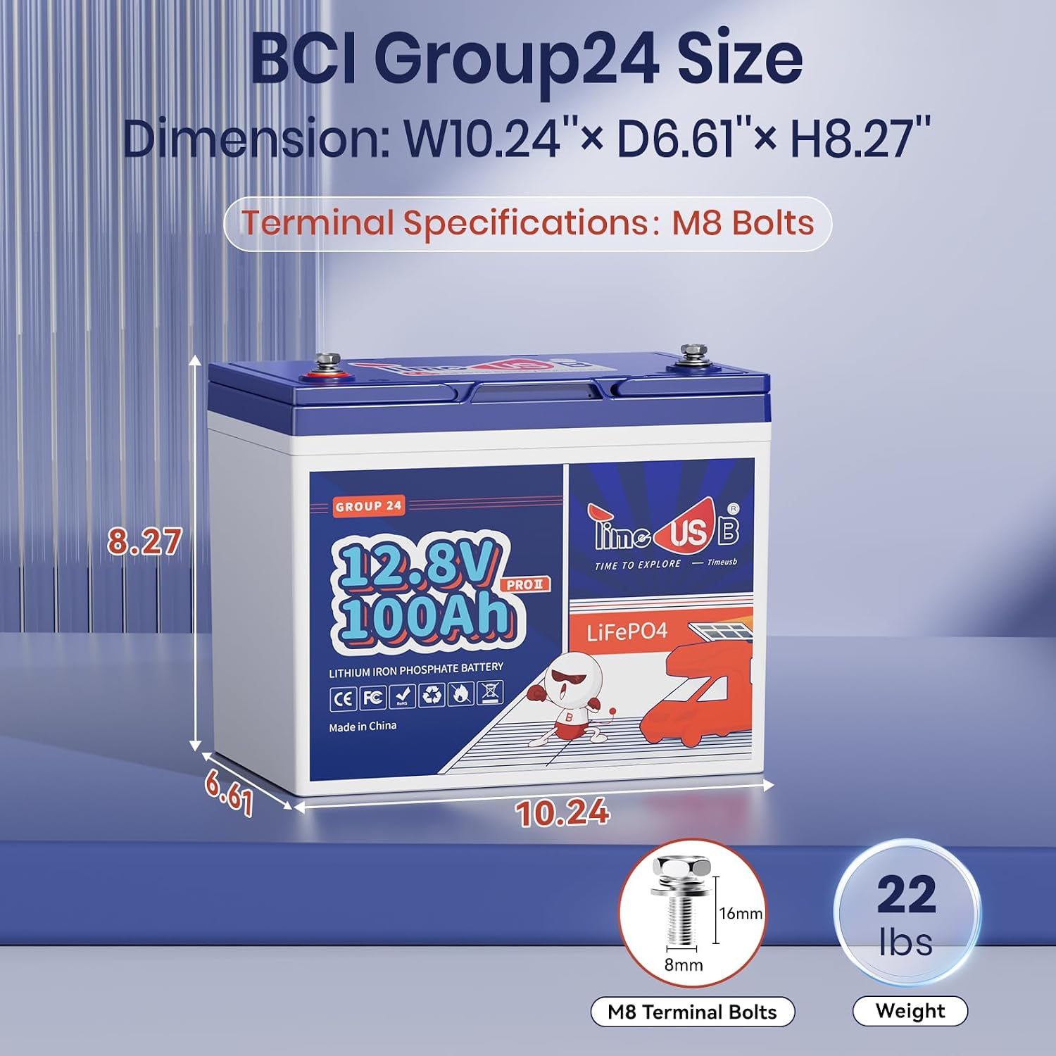 12V 100Ah RV LiFePO4 Lithium Battery- BCI Group 24, Timeusb Deep Cycle LiFePO4 Battery Built-in 100A BMS, 1280Wh, Max.15000 Cycles, 10-Year Lifespan for RV, Solar, Trolling Motor, Marine