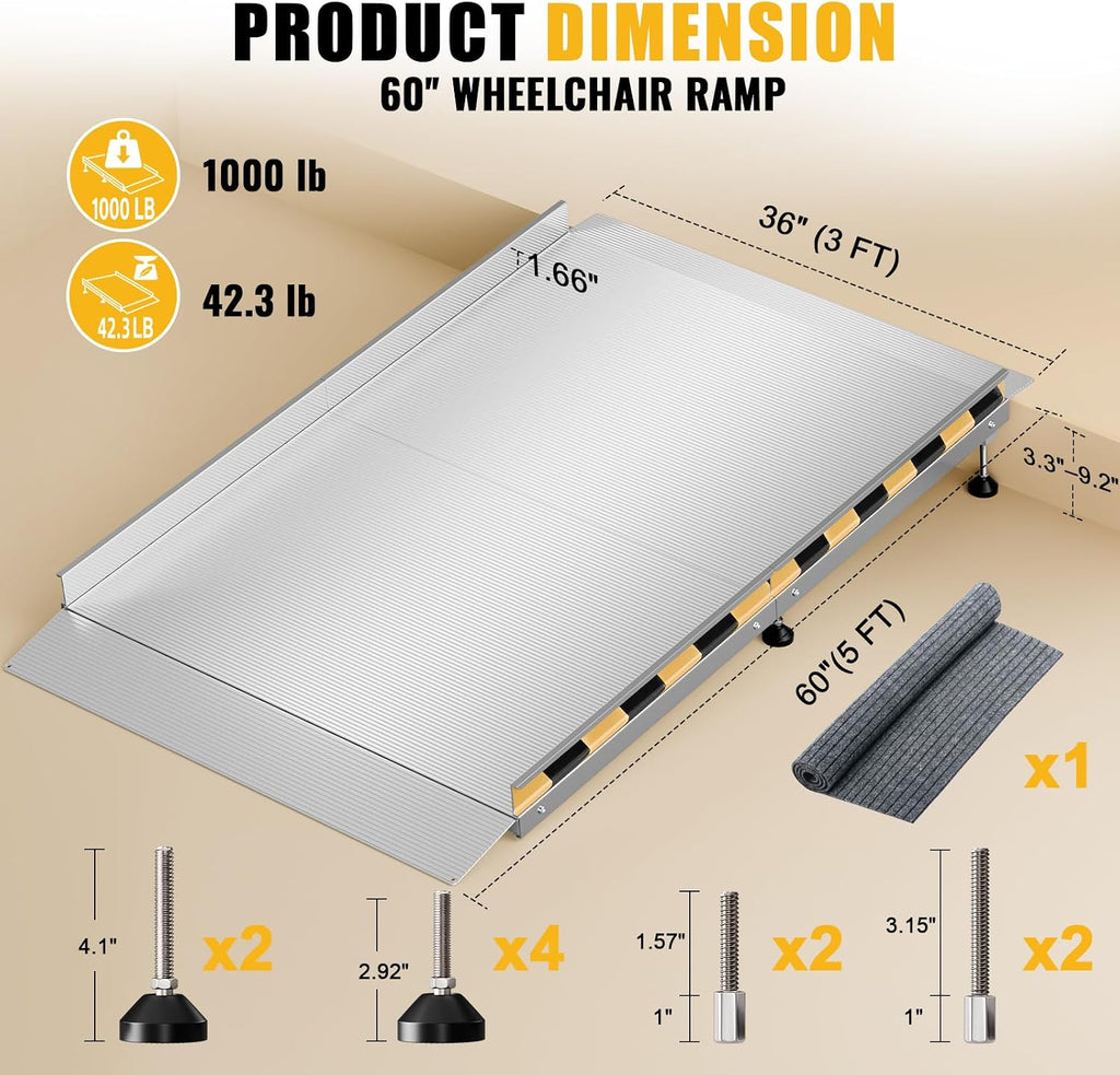 Aluminum Wheelchair Ramp for Doorways and Home Steps, 60' x 36', Adjustable for 3.3' to 9.2' Rise, 1000 lb Capacity, Non-Slip Surface, Foldable Design, for Single-Step Curb Entryways