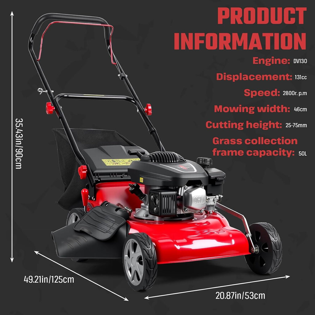 3-in-1 Gas Lawn Mower, Self Propelled Lawn Mower with 131cc Gas Engine, Cordless Push Mowers Tractors with 50L Grass Tank Mowers Clearance for Yard & Garden Ergonomic Handle Big Wheels 2800RPM Red