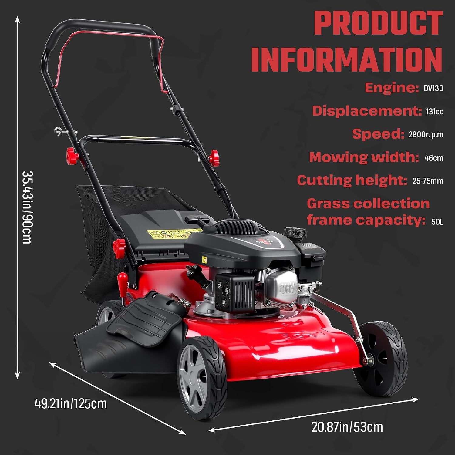 3-in-1 Gas Lawn Mower, Self Propelled Lawn Mower with 131cc Gas Engine, Cordless Push Mowers Tractors with 50L Grass Tank Mowers Clearance for Yard & Garden Ergonomic Handle Big Wheels 2800RPM Red