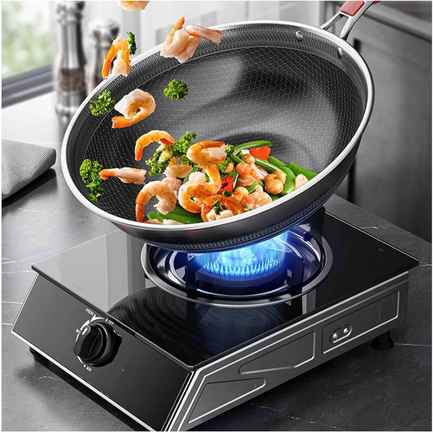 Stainless Steel Gas Cooktop,Desktop 143304 BTU Gas Stove,Single Burner,Flameout Protection,Suitable for Home Use(LPG)