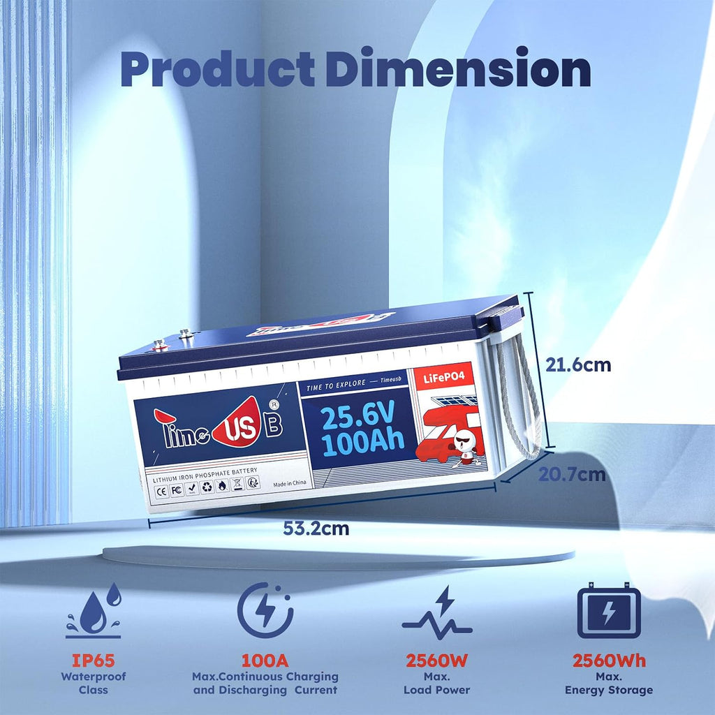 Timeusb 24V 100Ah LiFePO4 Battery, 2.56kWh Lithium Battery, Built-in 100A BMS, 10-Year Lifetime with Grade A LiFePO4 Cells, Perfect for RV, Camper, Home Energy Storage, Van, Off-Grid, etc