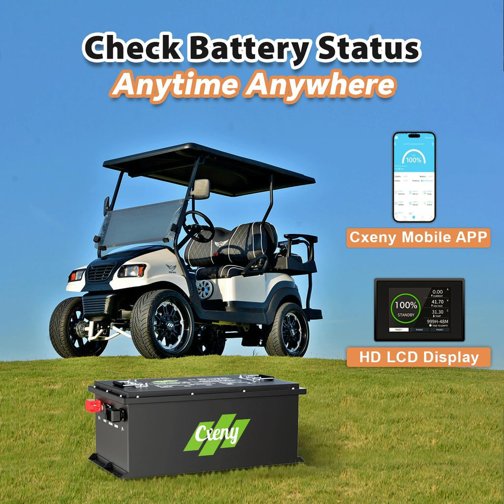 48V 125Ah Lithium Golf Cart Battery with 18A Charger, Built-in Smart 200A BMS, with Touch Monitor, Max 6.4kW Power Output, 8000+ Cycles, Perfect for Golf Carts, Lawn Mower, Solar, RV and Off Grid