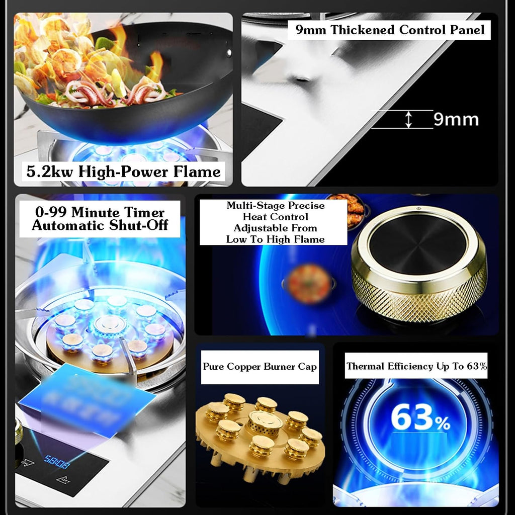 Gas Stove 1 Burner,5.2kw 9-Cavity High Fire Timer,Tempered Glass Countertop,NG/LPG Gas Source Kit,with Flameout Protection,for Caravan Camping(LPG)