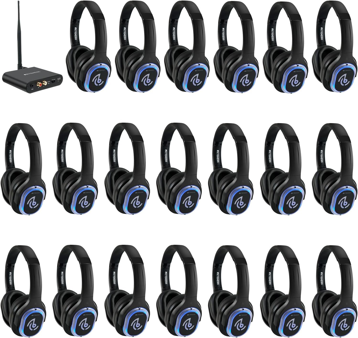 Retekess TA003 Silent Disco Headphone System,Silent Disco Headsets with 3 Channel, LED Lights, Hi-Fi Sound Quality, Easy Setup for Party, Club, Bar and DJ (Pack of 20)