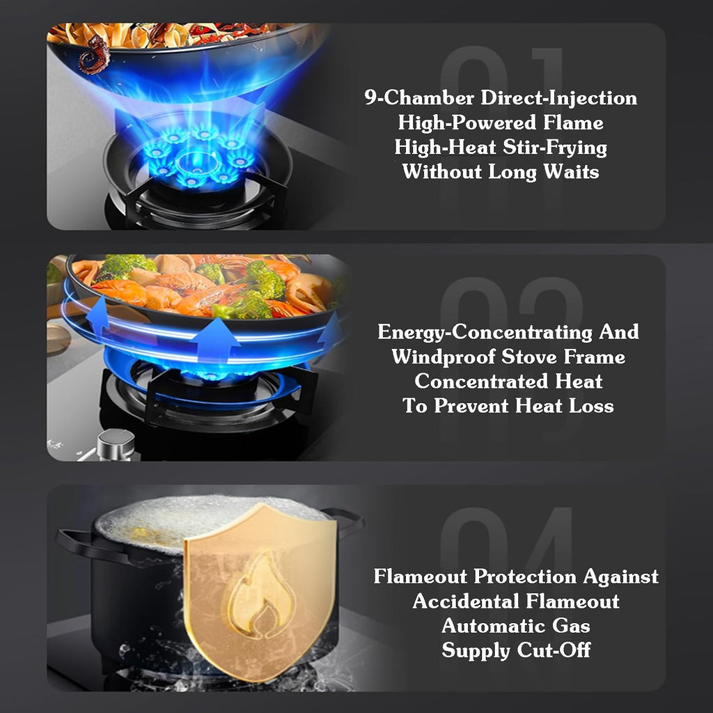 Gas Cooker 1 Burner,5.2kw 9-Cavity High Fire Cooktops,Stainless Steel Glass Top Wok Burner,NG/LPG Gas Source Kit,with Flameout Protection,for Home Kitchen(LPG)