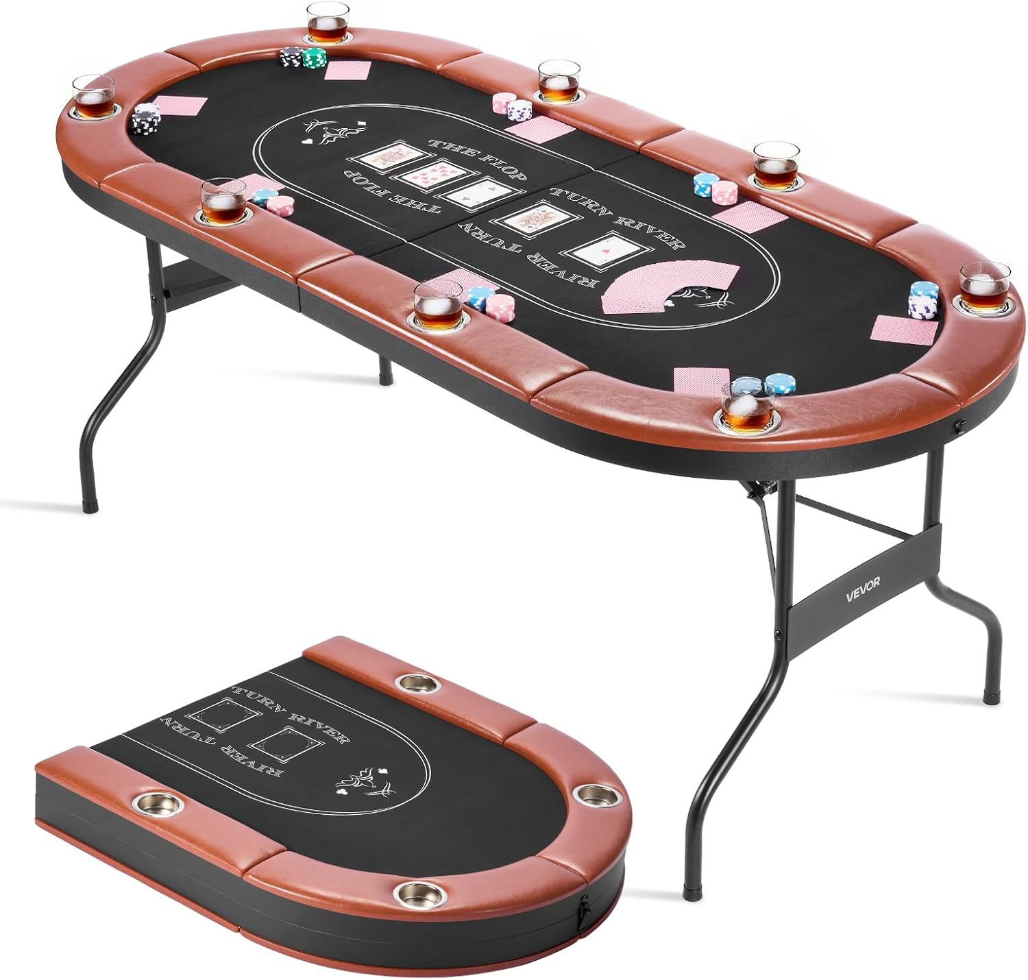 VEVOR Foldable Poker Table, 8 Player 72 in Folding Casino Leisure Table with Padded Rails and Cup Holders, Oval Portable Game Tables with Felt & Metal Legs, for Texas Hold'em Game and Blackjack