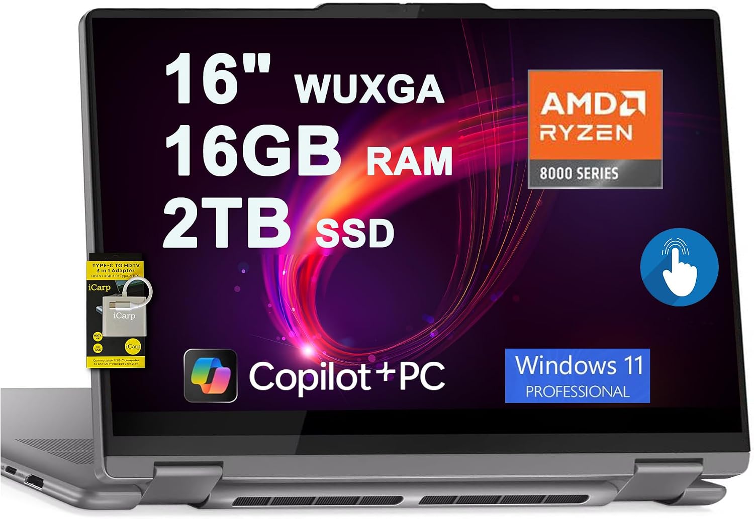 Lenovo Yoga 7 2-in-1 Laptop 16' WUXGA IPS Touch AMD 8-core Ryzen 7 8840HS (>i7-12700H) 16GB RAM 2TB SSD for Creator Designer Business Professional Win11Pro ICP Hub PC